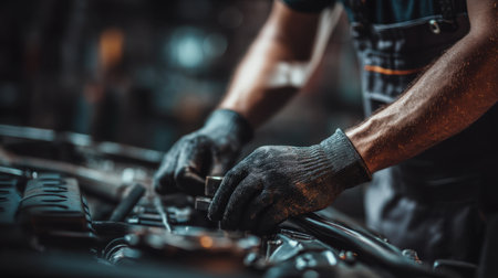 A skilled mechanic carefully works on an engine, showing focus and expertise. The close-up captures the detailed actions involving tools and machinery.の素材