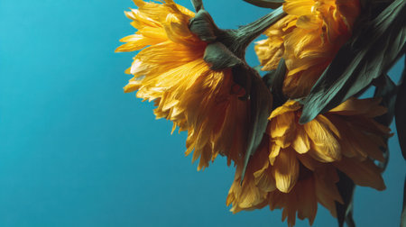 This stunning image showcases vibrant sunflowers with their rich yellow petals against a soft blue background, evoking feelings of summer and warmth.の素材