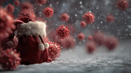 A whimsical image of a Santa hat surrounded by red virus models, symbolizing the contrast of festive cheer and health concerns during winter.の素材