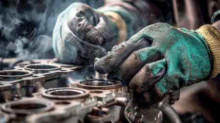 A skilled mechanic performs intricate repairs on an engine component in a workshop, showcasing hands covered in grease and soot.の素材