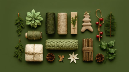 Explore a vibrant arrangement of natural craft supplies, featuring eco-friendly materials, twine, and yarn. Perfect for inspiring DIY projects!の素材