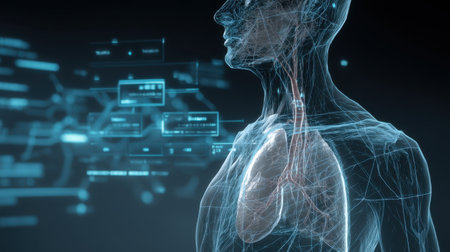 This 3D illustration showcases the human respiratory system with a focus on the lungs, enhanced by a digital data overlay. Perfect for educational and medical purposes.の素材