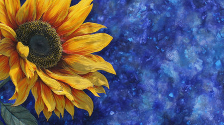 A beautiful sunflower showcases its vibrant yellow petals against a mesmerizing blue abstract background, perfect for artistic projects.の素材
