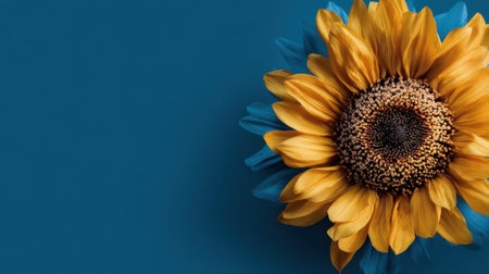 A stunning close-up of a vivid sunflower set against a bold blue background, showcasing the beauty and intricate details of nature's design.の素材