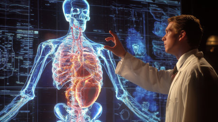 A healthcare professional interacts with a digital anatomical model displaying human body systems. This advanced visualization illustrates vital organs and functions, enhancing education and diagnostics in modern healthcare practices.の素材