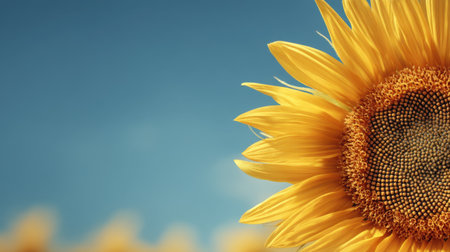 A striking close-up of a vibrant sunflower showcasing its bright yellow petals against a clear blue sky, symbolizing summer and natural beauty.の素材