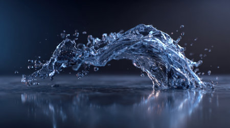 An artistic representation of a water splash captured in dynamic motion, showcasing droplets and reflections on a reflective surface.の素材