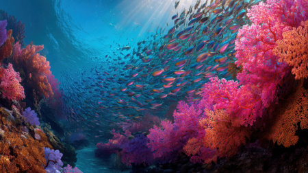 A stunning underwater scene showcasing a colorful coral reef filled with diverse tropical fish, illuminated by sunlight. Perfect for marine life and nature enthusiasts.の素材