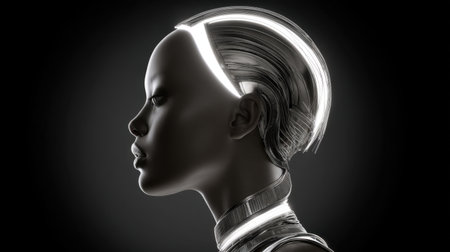 This image features a futuristic, human-like figure in profile, showcasing sleek design with illuminated features that evoke innovation and elegance.の素材