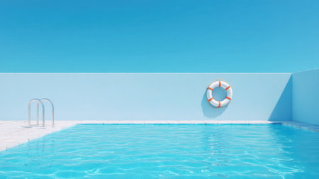 A tranquil swimming pool reflects the clear blue sky, featuring a bright life ring and inviting water perfect for summer relaxation.の素材