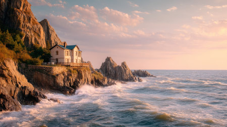A serene coastal house perched on a rocky cliff offers breathtaking views of tranquil ocean waves and a dramatic sunset sky.の素材