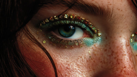 A captivating close-up of a woman's eye featuring vibrant makeup with artistic glitter accents, showcasing beauty and individuality in detail.の素材