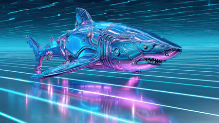 A stunning representation of a futuristic shark swimming through a digital ocean, featuring vibrant neon colors and high-tech design elements, capturing imagination.の素材