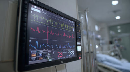 A close-up view of a hospital monitor showcasing patient vital signs including heart rate and blood pressure in a clinical setting.の素材