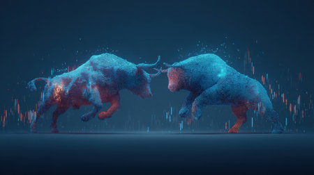 Abstract representation of bull and bear figures engaging in a dynamic competition, symbolizing market trends and financial insights in a vibrant digital format.の素材