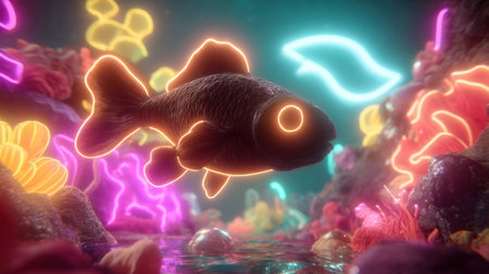 A mesmerizing scene featuring a glowing goldfish swimming gracefully through a vibrant underwater coral reef, illuminated with colorful neon lights.の素材