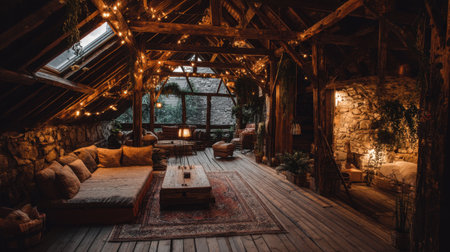 A cozy rustic loft interior captures an inviting atmosphere with warm lighting, comfortable seating, and natural decor, perfect for relaxation.の素材
