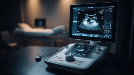 This image features an advanced ultrasound machine in a clinical setting. The monitor displays a clear ultrasound image, highlighting crucial diagnostics in healthcare.の素材