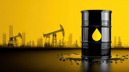 A striking black oil barrel sits on a glossy surface, featuring a yellow drop symbol against a backdrop of industrial silhouettes. Perfect for energy themes.の素材