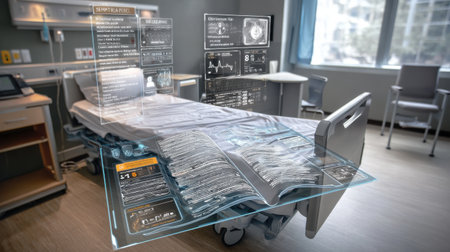 Visualization of an advanced medical interface in a modern hospital room, showcasing real-time patient health data and innovative technology.の素材
