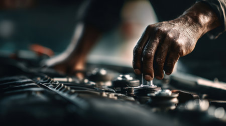 A detailed close-up view of a mechanic's hand as it skillfully applies a tool on engine components in a dim workshop, demonstrating craft and precision.の素材