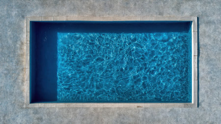 An aerial perspective of a bright blue swimming pool showcases the beautiful water surface and textured surroundings, perfect for relaxation.の素材