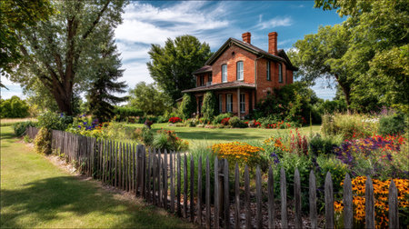 A picturesque historic house sits amidst vibrant gardens filled with colorful flowers, framed by a rustic fence and a clear blue sky.の素材