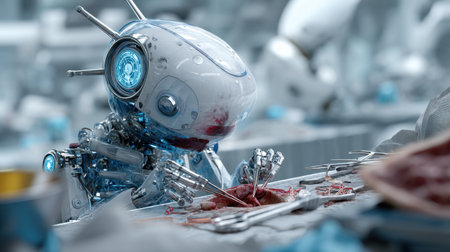 A futuristic robot surgeon engages in a complex surgical operation, showcasing advanced precision tools in a modern operating room setting.の素材