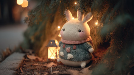 An enchanting scene featuring a knitted bunny toy in a cozy sweater, illuminated by soft lights amidst autumn leaves, creating a serene atmosphere.の素材