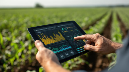 A close-up view of a farmer using a tablet to analyze data in a lush green field, showcasing the integration of modern agricultural technology for improved crop management and decision-making.の素材