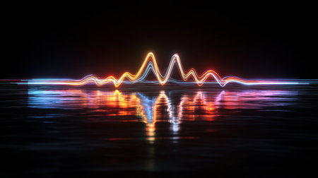 Captivating abstract depiction of colorful light waves reflecting on a smooth dark surface, creating a mesmerizing effect full of energy and creativity.の素材