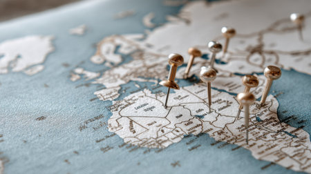 A detailed close-up of a world map featuring push pins that mark specific locations in Europe and Africa, symbolizing travel exploration.の素材