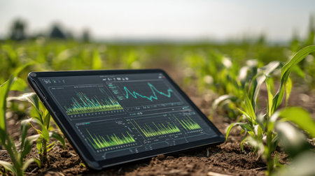 A tablet displaying detailed data analysis features lies on rich soil in an agricultural field, reflecting modern farming practices and analytics.の素材