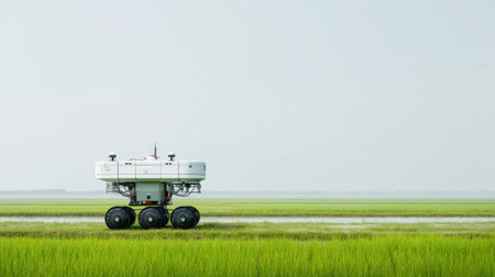 A cutting-edge agricultural robot is seen operating in a vibrant green rice field, showcasing the future of farming technology and automation in agriculture.の素材