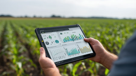 A farmer examines detailed agricultural data on a tablet in an expansive green field, showcasing technology's role in enhancing crop management and productivity.の素材