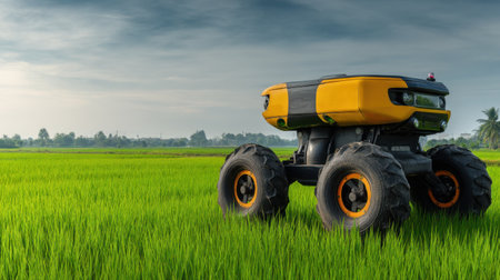 A vibrant agricultural robot stands prominently in a sprawling green rice field, showcasing modern farming technology amid a serene rural landscape.の素材