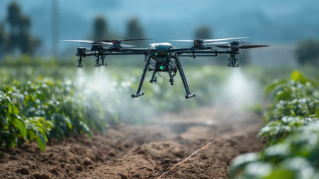 A drone equipped with spraying technology hovers above a vibrant green crop field, highlighting modern agricultural practices in a serene landscape.の素材