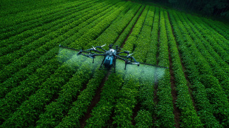 A high-tech drone sprays crops in a vibrant green field, showcasing modern agriculture's efficiency and innovation in farming practices.の素材