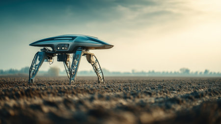 A cutting-edge robotic device stands in a vast agricultural field, showcasing advanced technology that enhances precision farming and boosts productivity.の素材