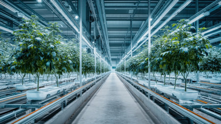 A spacious indoor farming facility showcasing rows of lush green plants with advanced LED lighting, emphasizing modern agricultural techniques and sustainability.の素材