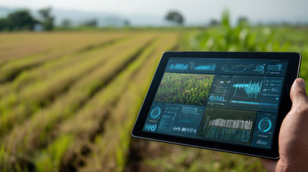 A farmer uses a tablet displaying various data visualizations in a lush green rice field, demonstrating the integration of technology in modern agriculture for enhanced crop management and sustainable practices.の素材