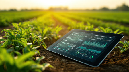 A digital tablet rests on rich soil in a lush green field, showcasing agricultural data and analytics. The scene captures the fusion of technology and farming at sunrise.の素材