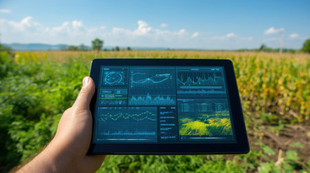 A person holds a tablet displaying data analytics in a vibrant green field. The scene captures the fusion of technology and agriculture under a clear sky, emphasizing modern farming practices.の素材