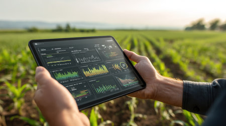A farmer engages with a tablet displaying vital agricultural data in a lush green field, merging technology with modern farming practices.の素材