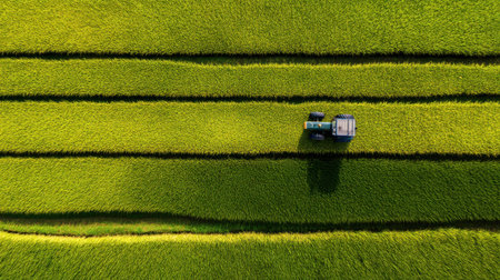 This aerial image captures a tractor working methodically in a vibrant green rice field, showcasing neat rows. The contrast between the machinery and the lush crops highlights modern farming practices.の素材