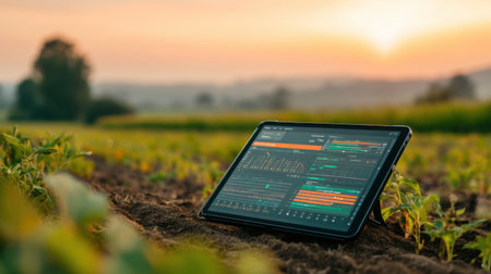 A digital tablet rests on fertile soil, showcasing data analytics against a stunning sunset. This image represents the fusion of technology and agriculture, emphasizing innovative farming practices and data-driven decisions.の素材
