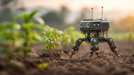 A small robot works efficiently in a field, promoting sustainable practices while cultivating crops in a vibrant rural landscape at sunset.の素材