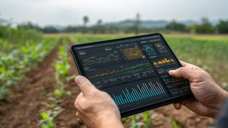 A farmer uses a tablet for data analysis in a green field, showcasing the intersection of modern technology and traditional agriculture practices.の素材