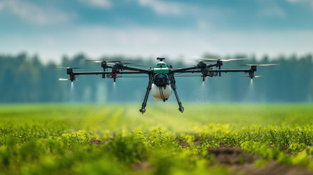 A powerful drone hovers above vibrant green agriculture fields, utilizing advanced technology for crop spraying in the spring season, showcasing modern farming innovation.の素材