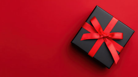 An elegant black gift box adorned with a vibrant red ribbon, set against a bright red background, perfect for various celebrations and special occasions.の素材